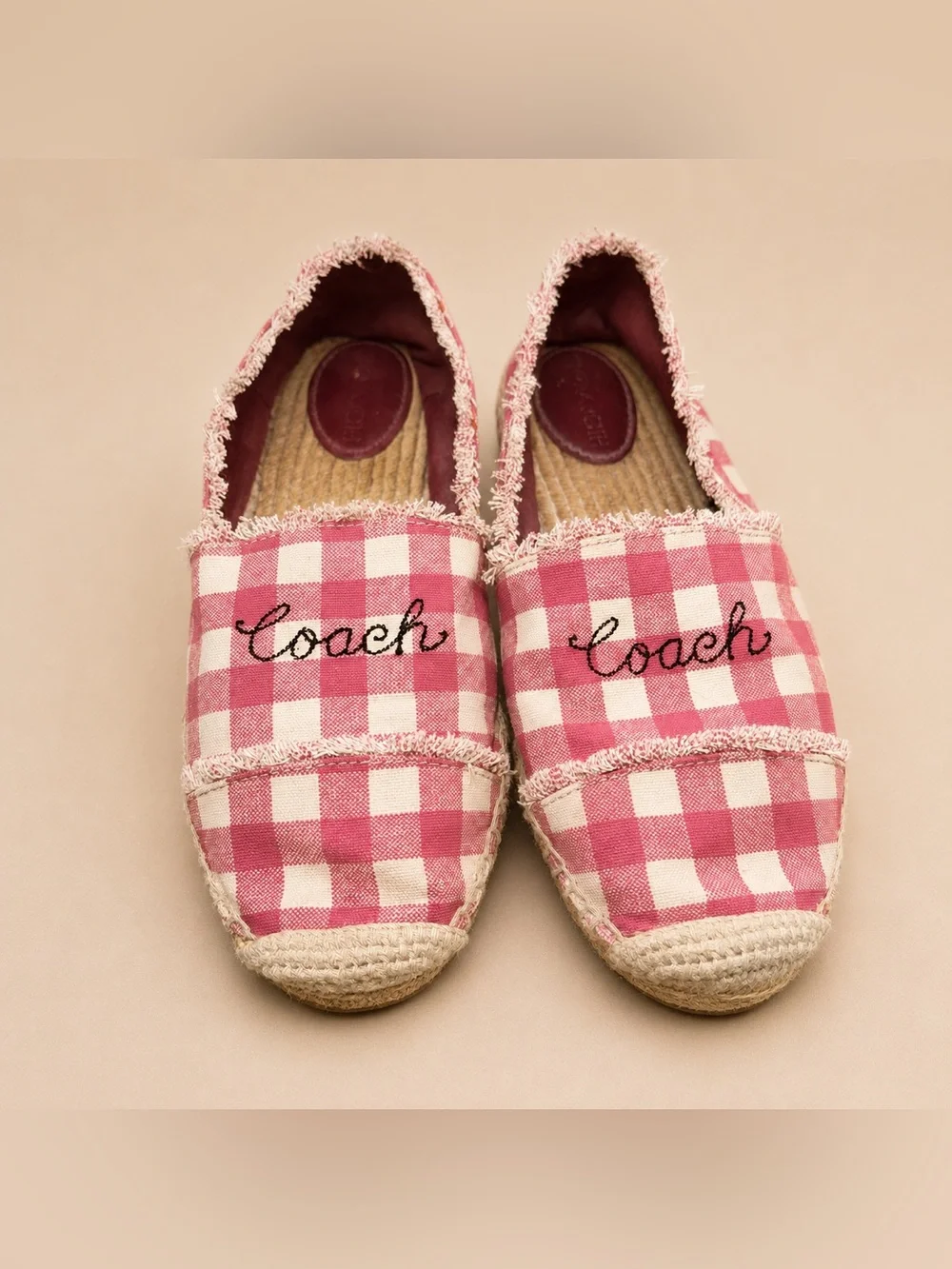 Coach Pink Gingham Espadrille Flats with Embroidered Logo